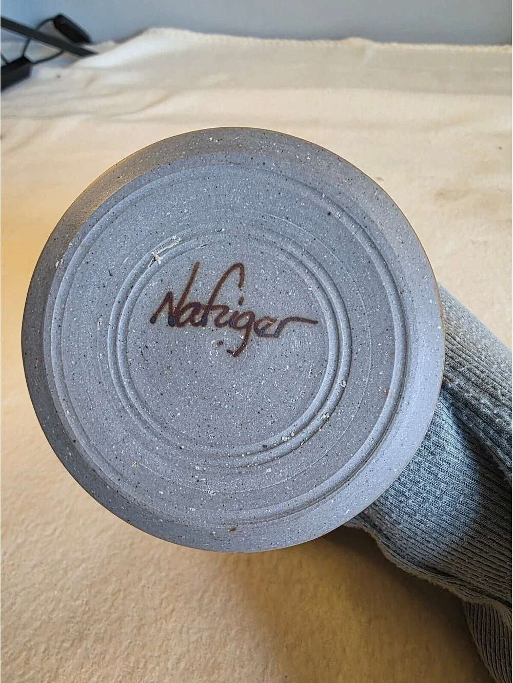 Vintage Signed Studio Pottery Stoneware Candlestick Holder Blue Gray 4